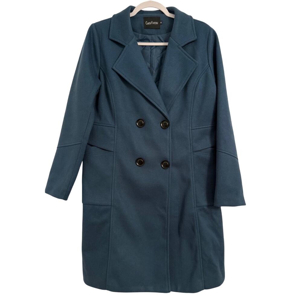 Timeless Wool Blend Double Breasted Longline Peacoat Women's M Blue Oversized‎